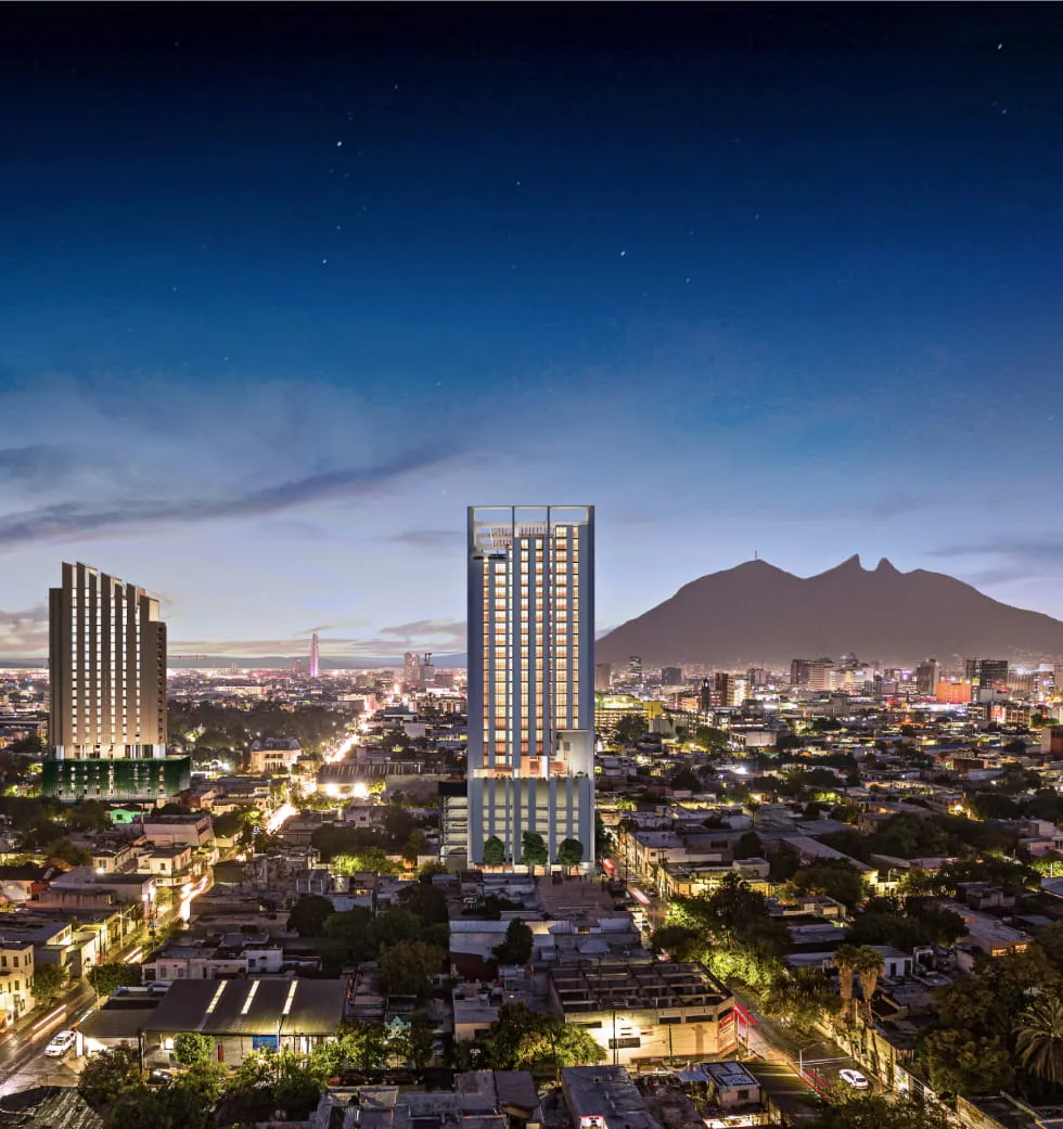 Dosax - Vista aérea de Monterrey, fachada de Dosax al centro y el cerro de la silla al fondo